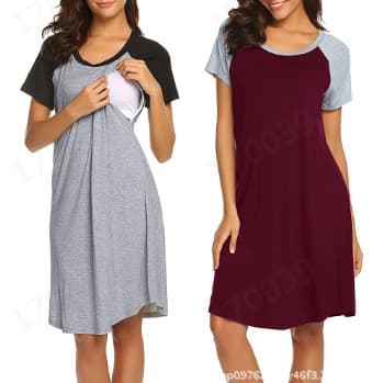 Maternity Dress Pajamas for Amazon Hot Selling - Round Neck Short Sleeve Nursing Opening Color Block Design