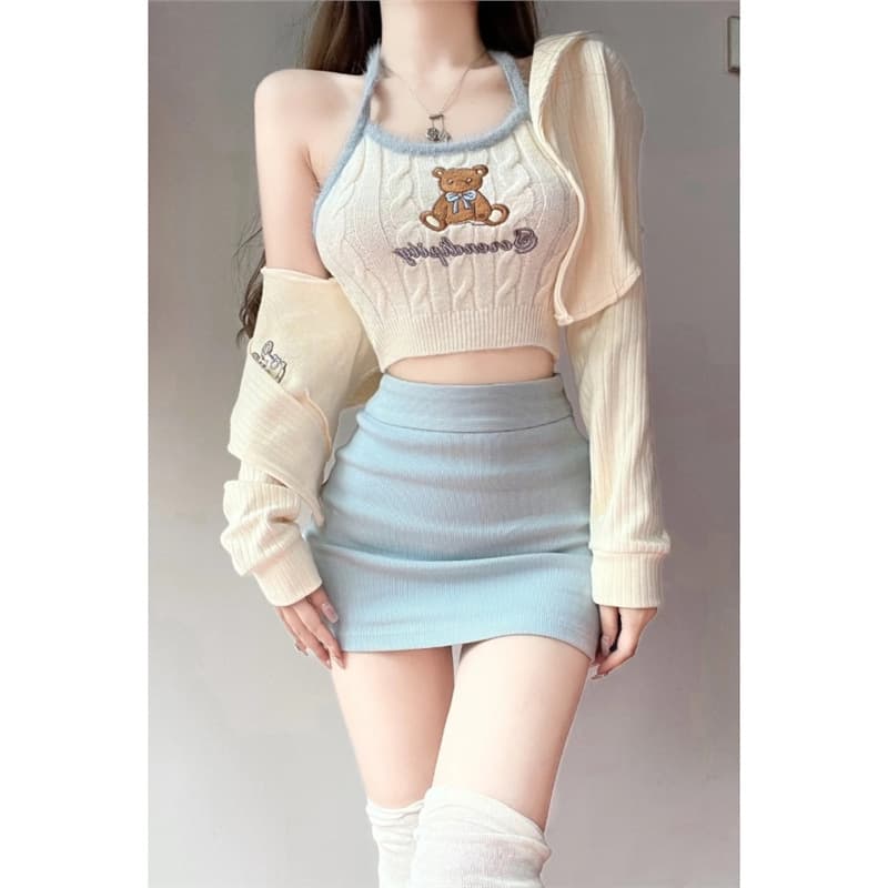 Girl 2025 Spring/Summer Set Top Sweet Spicy Girl Style Slim Fit Cardigan Knit Jacket Skirt Coconut
