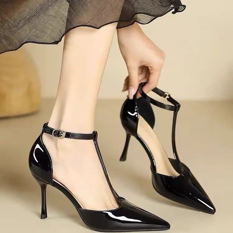 One-word buckle hollow single shoes toe-toe high-heeled shoes for women 2025 spring new sexy pointed-toe stiletto sandals T-type