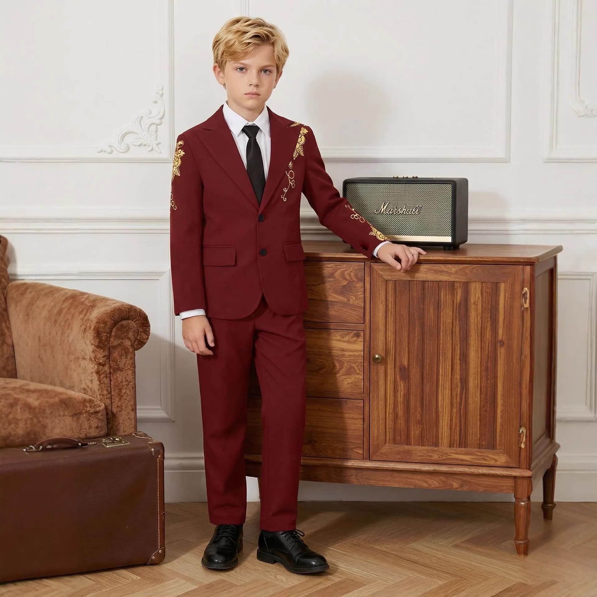 New Children's Suit Set for Boys with Gold Foil Print, British Style Flower Boy Wedding Piano Performance Outfit