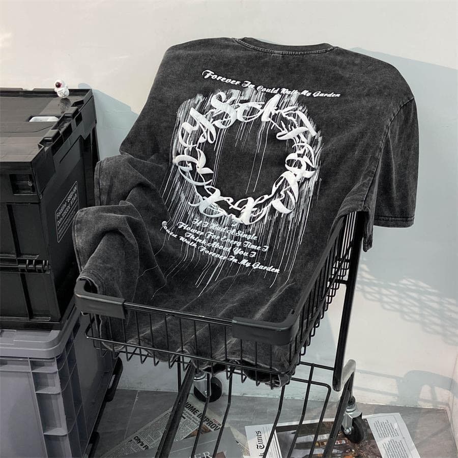 European and American Hip-Hop Streetwear Distressed Short-Sleeve T-Shirt for Women, Plus Size Loose Oversize Washed Black Graphic Top