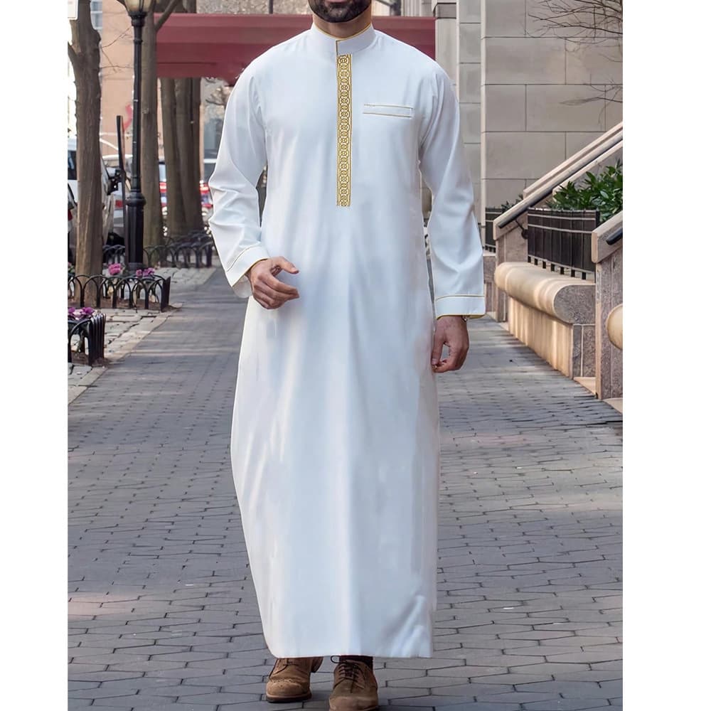 Cross-border Middle Eastern men's long-sleeved embroidered stand-up collar Arab men's loose-fitting Muslim robe (in stock)