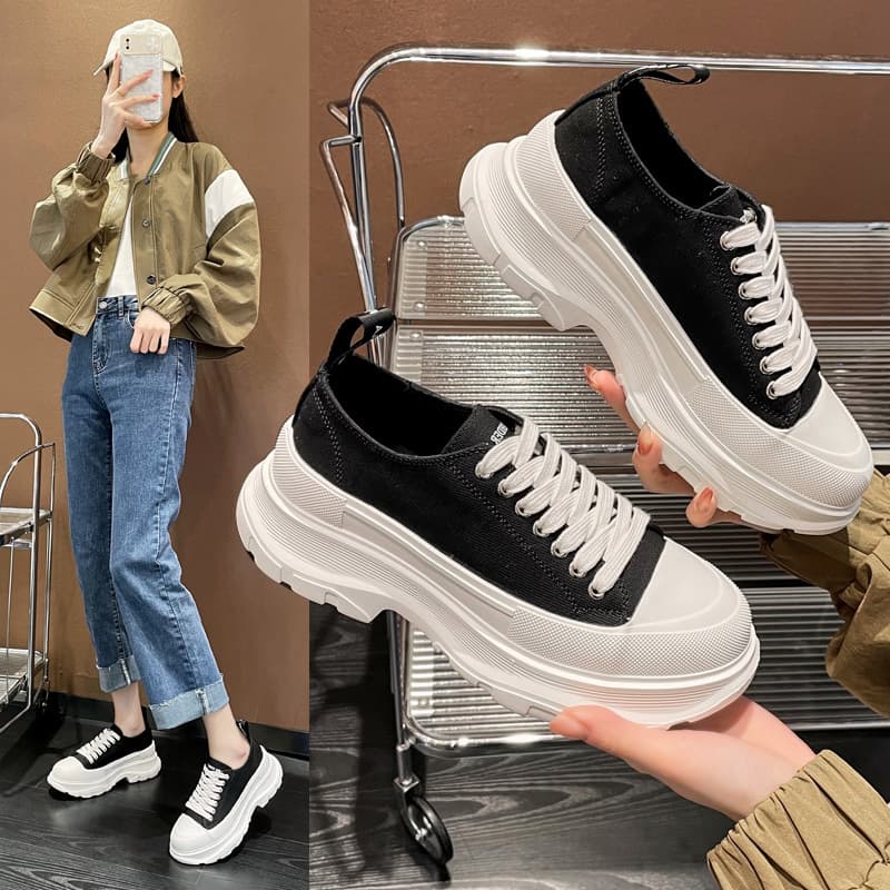 McQueen Canvas Shoes Women 2026 New Summer Platform Thick Sole Chunky Dad Shoes McQueen Casual White Sneakers Ins