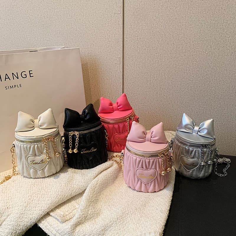 New Children's Mini Bucket Bag with Small Fragrance Style Pleats, Cute Bow and Cat Design Crossbody Bag, Coin Purse
