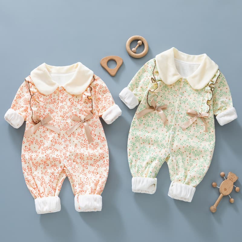 Baby spring and autumn clothes, long-sleeved double-layer jumpsuit, fashionable and cute princess robe, newborn girl pure cotton crawl suit