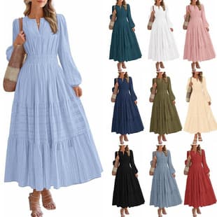 2026 European and American Cross-Border V-Neck Ruching, Cinched Waist, Layered Maxi Long Sleeve Dress for Women, Amazon Bestseller