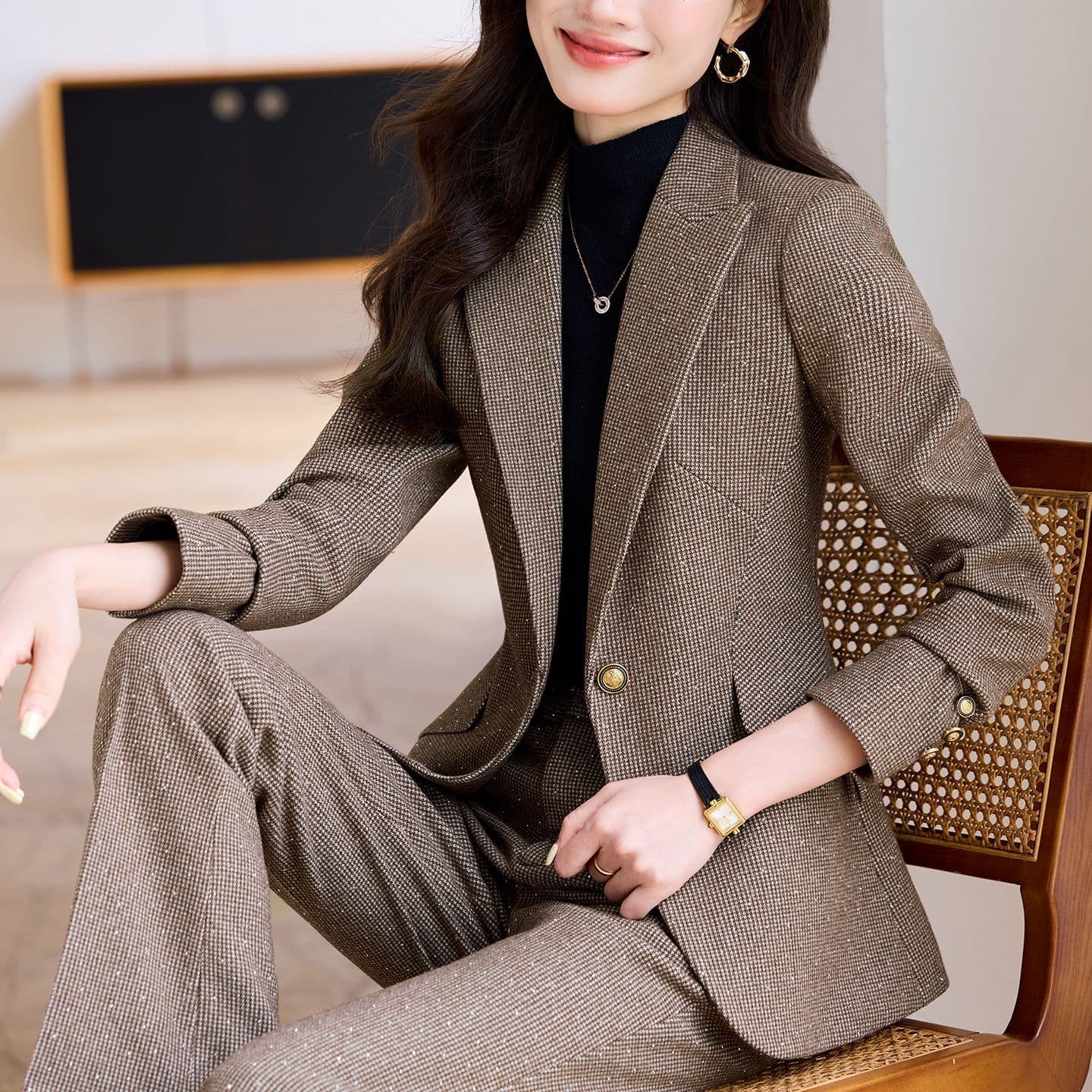 Red Professional Suit Set for Women Winter Annual Meeting Host Formal Wool Blazer with Flared Pants New