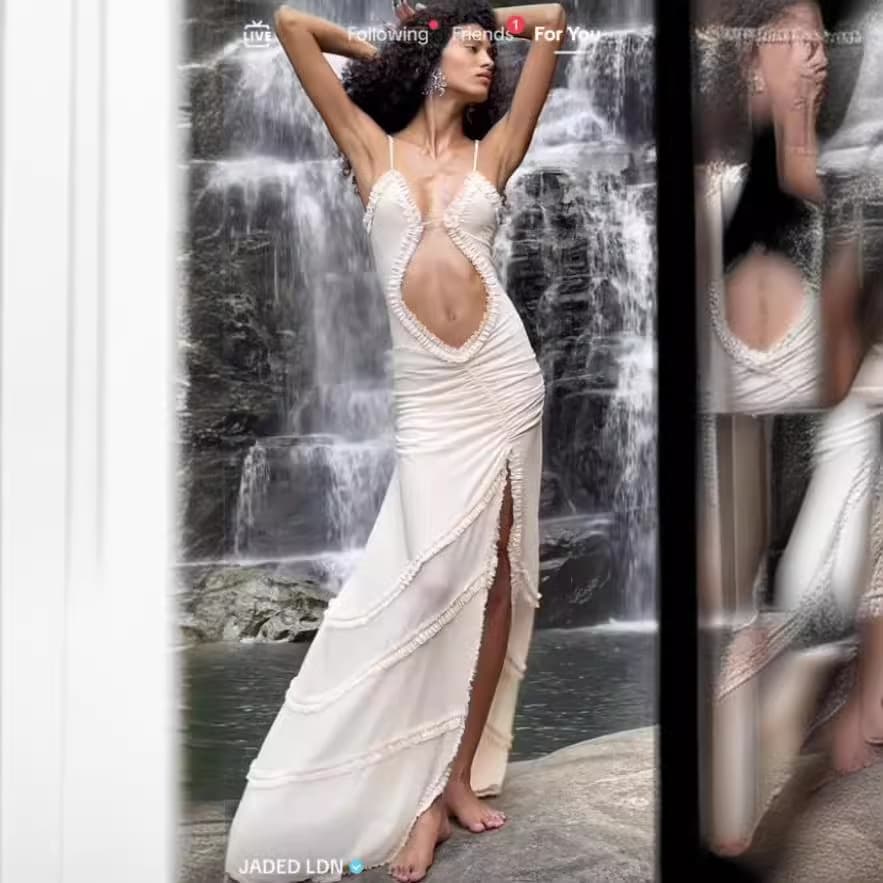 French-style snake and scorpion beauty ultra-spicy sexy silhouette cut-out high-slit double-layer anti-see-through dress with shirring lace slit