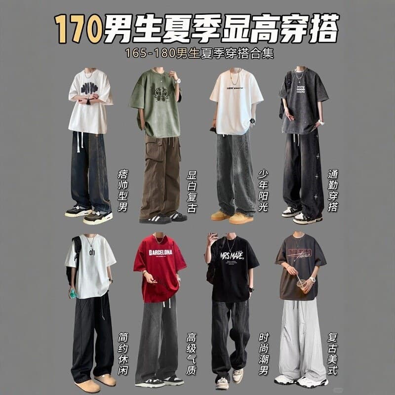 Summer outfit for men: short-sleeve T-shirt set with a brightening effect, paired with jeans for a clean, youthful look