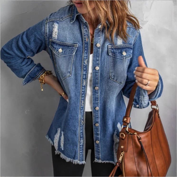 FR870481 Early Autumn European and American Trendy Fit Women's Regular Distressed Long Sleeve Denim Jacket with Frayed Edges