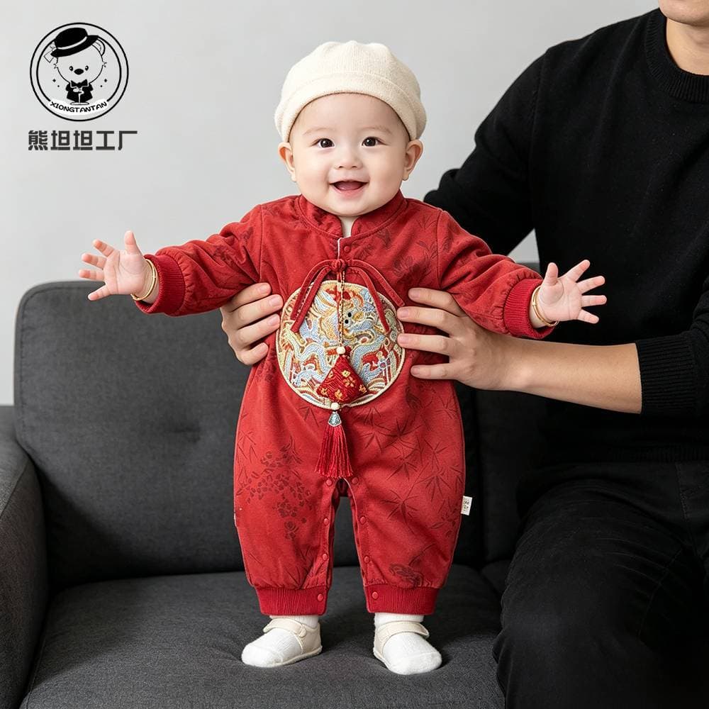 New Chinese-style baby clothes, autumn clothes, small one-month-old children's jumpsuits, juvenile clothes, 100-day baby boy's dress, full-moon crawl suit