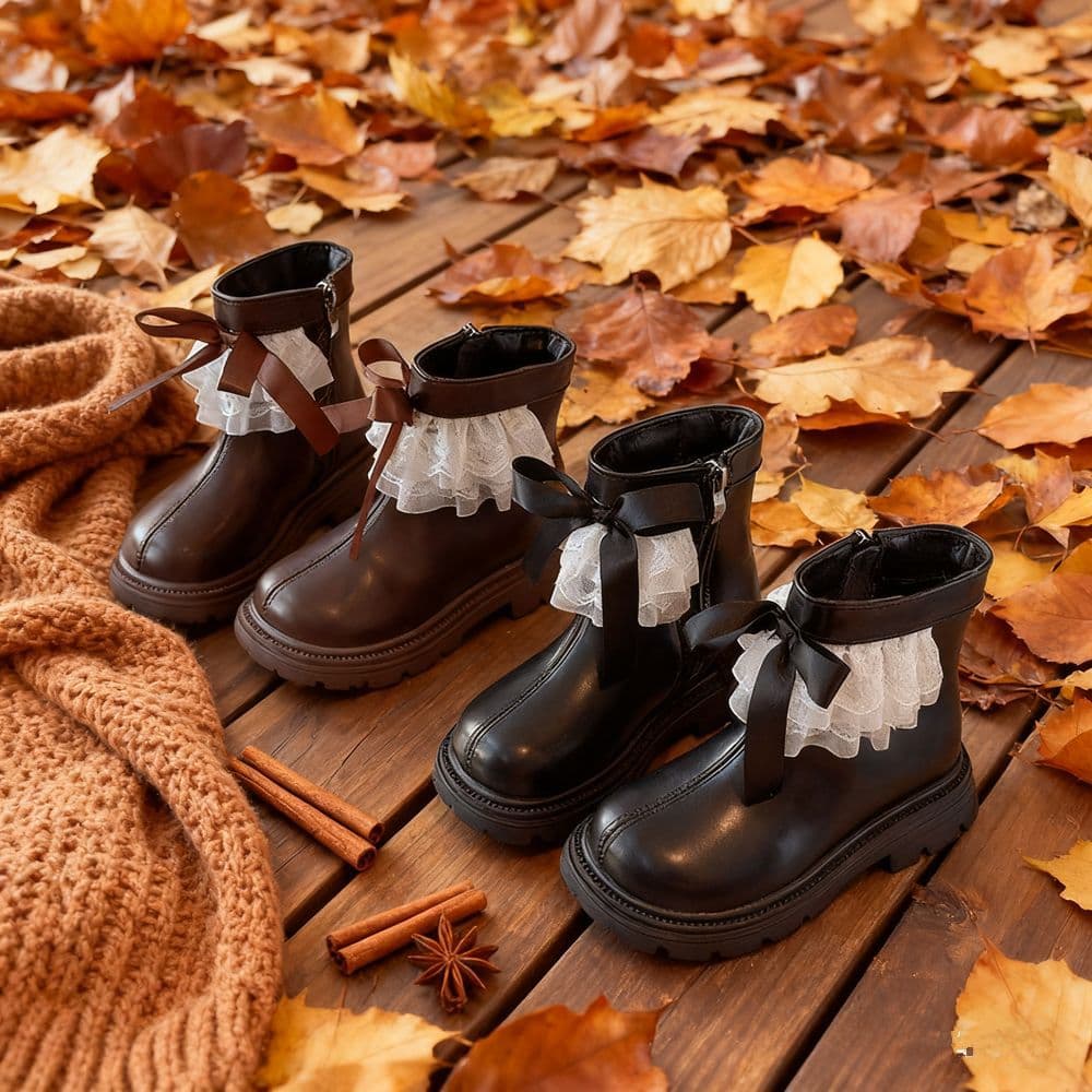 Girls' Boots Fleece-Lined 2025 Winter Style Bow Little Girls' Leather Boots Warm Children's Black Fashion Boots Shoes