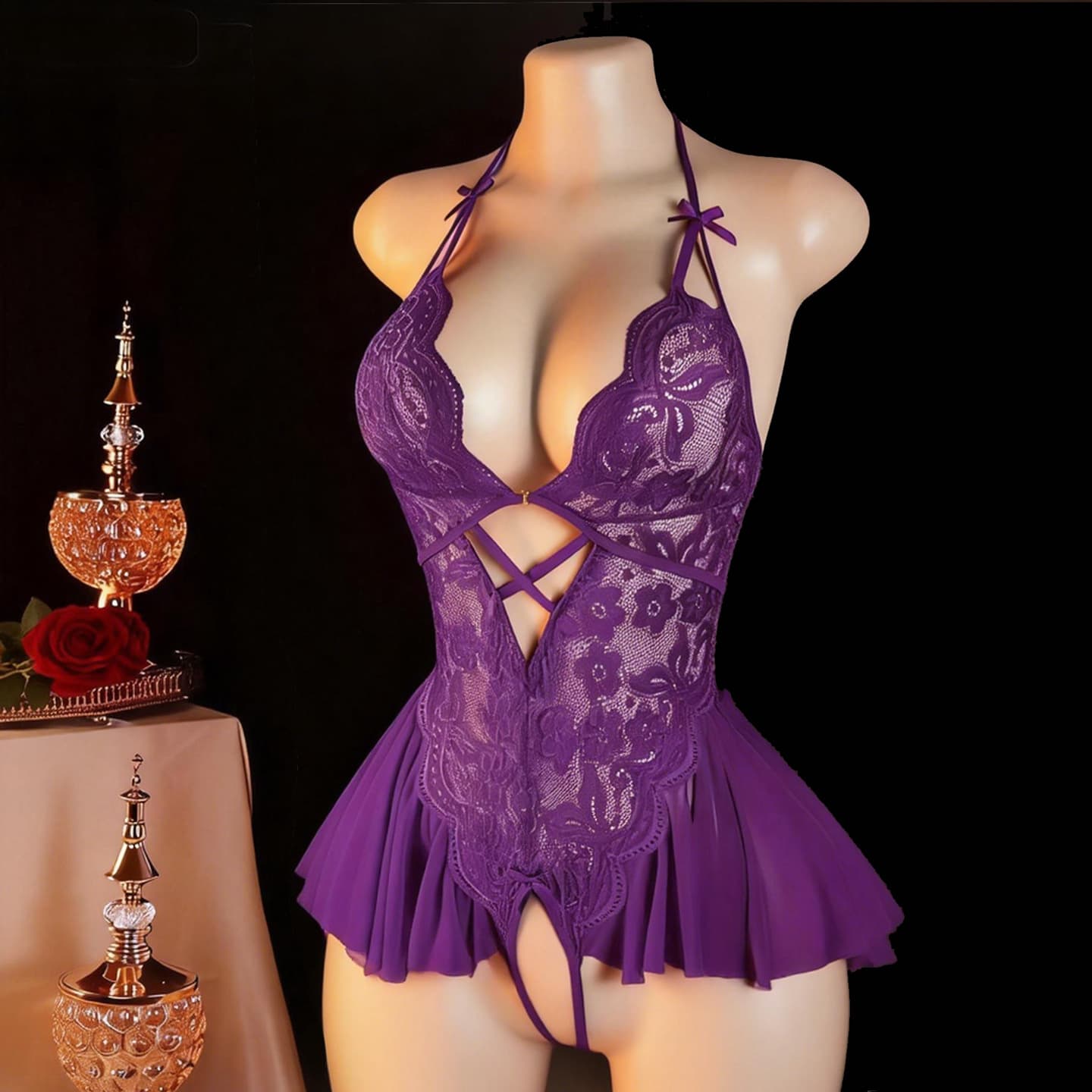 Murao European and American cross-border lace open-crotch bodysuit deep V seductive tie sleepwear set pure desire no-removal qqny