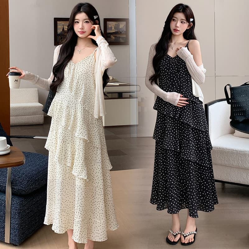 Maternity Dress Summer New Style Vacation Polka Dot Suspender Dress + Sun Protection Clothing Elegant Slimming Two-Piece Set for Pregnant Women