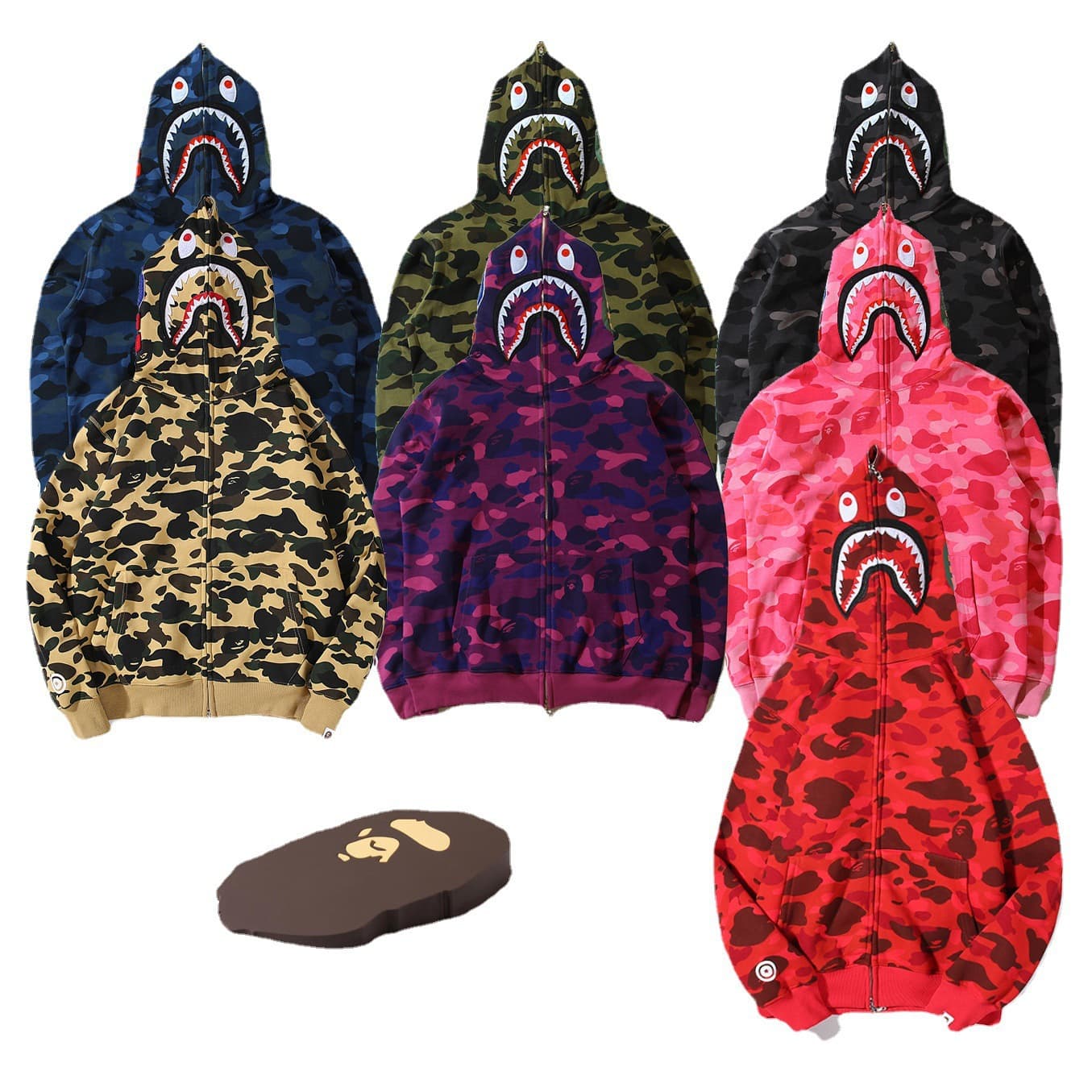 Cross-border streetwear BAPE embroidered shark camo hoodie fleece-lined zip-up hooded sweatshirt men's cardigan