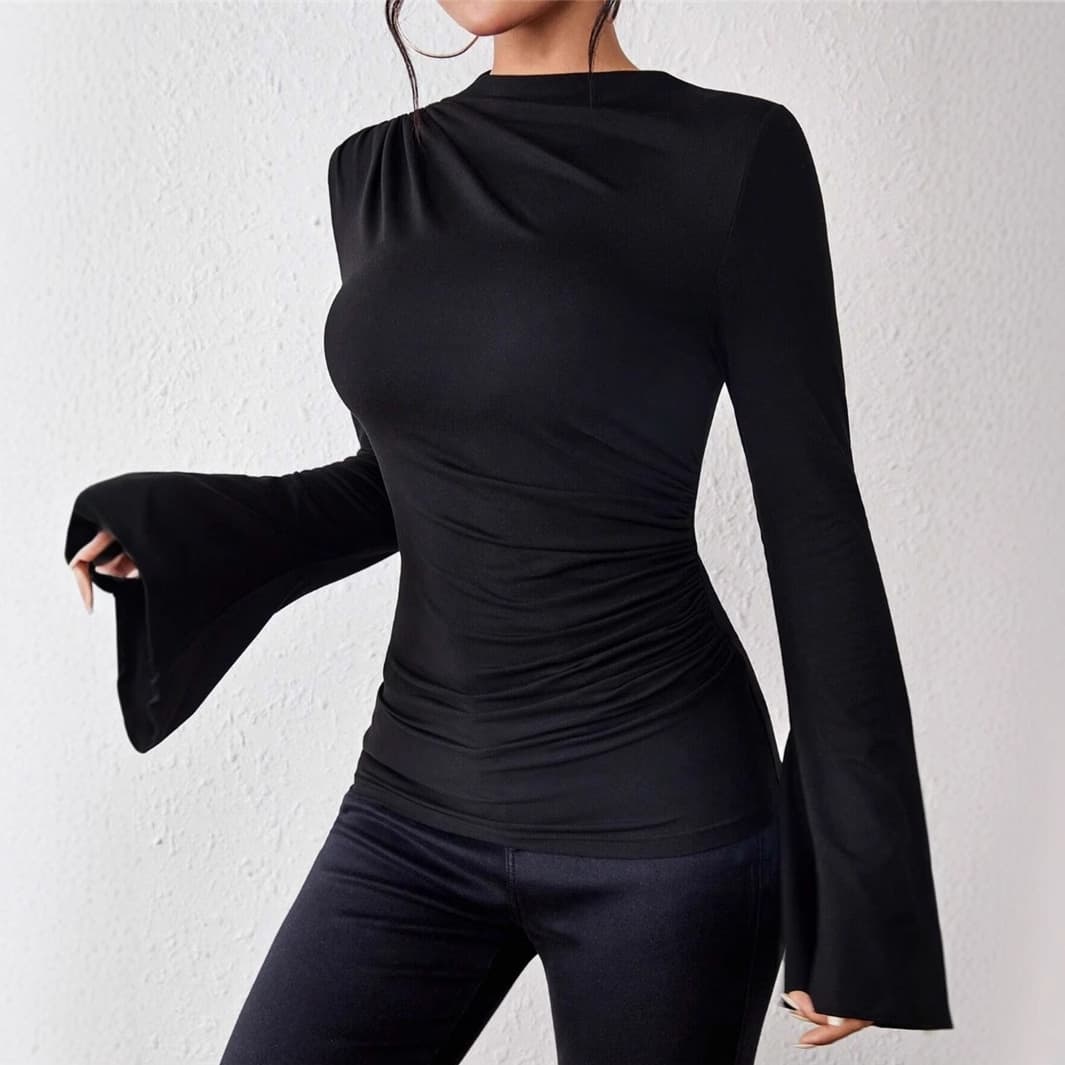 AliExpress Autumn Winter New Versatile Ruched Design Slim Fit T-Shirt with Bell Sleeves and Stand Collar for Europe and America Cross-Border Amazon