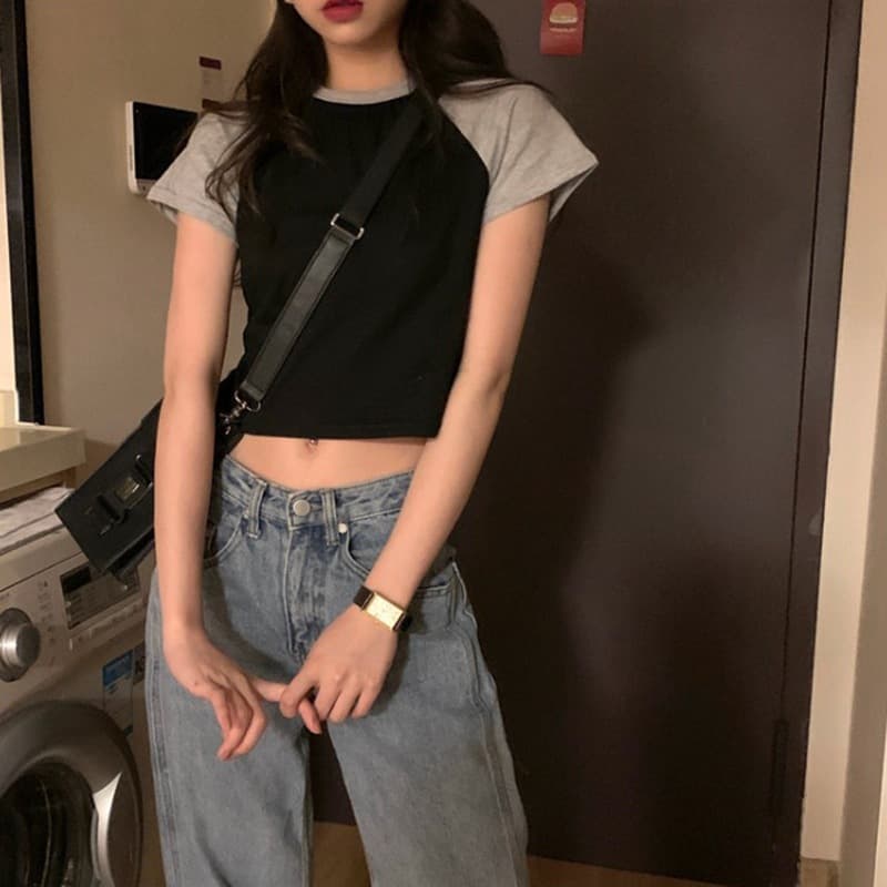 Color-Block Short-Sleeve Women's Korean-Style High-Waisted Trendy Ins Versatile Student Top Summer 2026 New Crop Top T-Shirt for Women