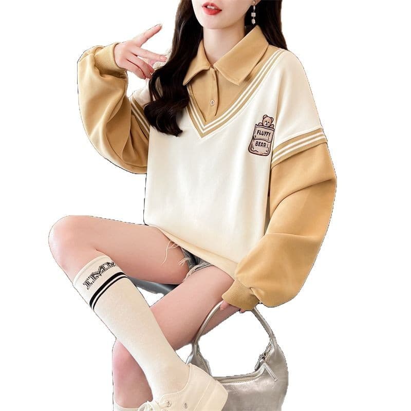 Women's Two-Piece Polo Shirt and Sweatshirt Set for Spring Fall 2025, New Loose Fit Junior High Petite Turn-Down Collar Top