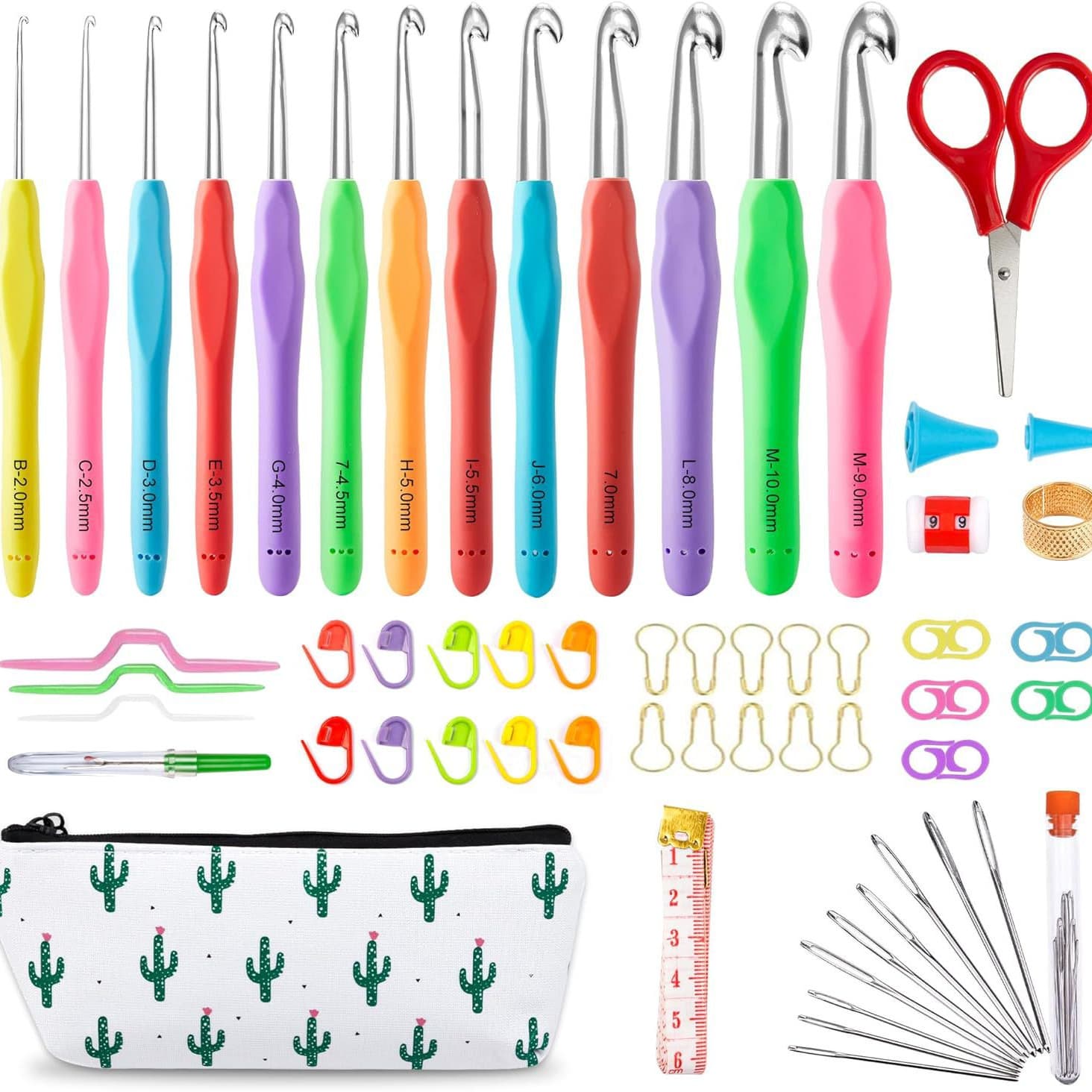 Amazon Colorful TPR Soft Handle Aluminum Crochet Hooks Sweater Hook Scissors Tool Accessories DIY Beginner Crochet Full Set