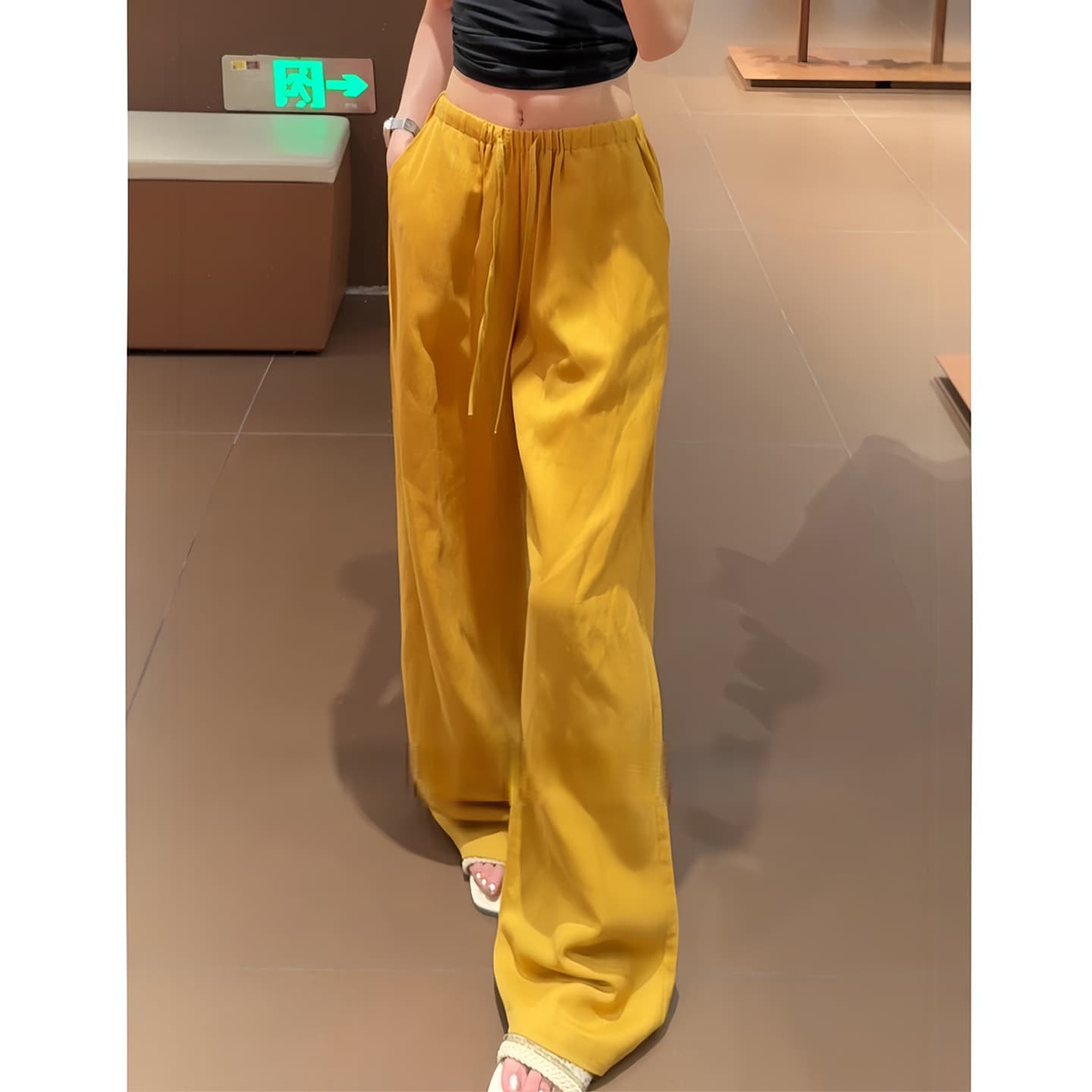 Japanese yellow linen wide-leg pants for women summer 2026 new high-waisted loose slimming ice silk cool casual trousers