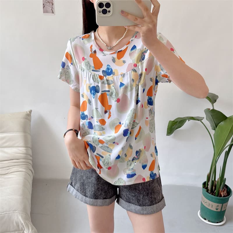 Summer Short Sleeve Blouse for Elderly Women, New Floral Print Mother's Top
