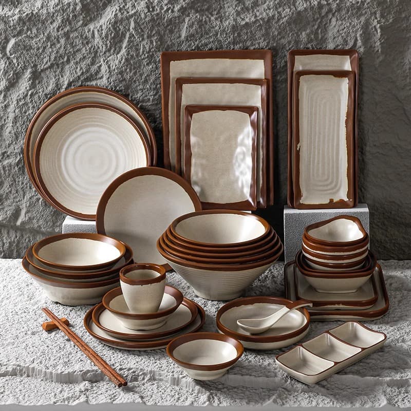 Melamine tableware, imitation earthenware ceramic stoneware, retro bowls and plates, bowls and dishes set, Sichuan cuisine restaurant hotel earthenware bowl tableware
