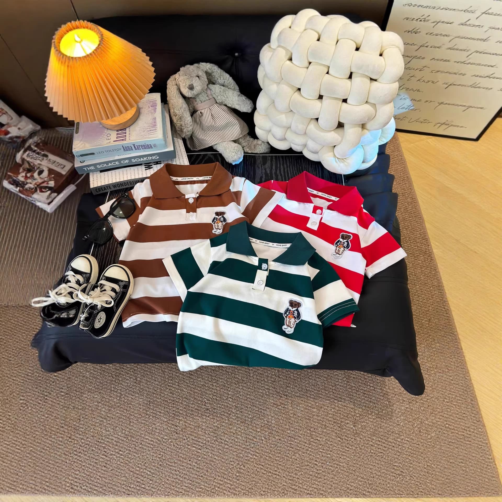 New Summer Kids Korean Cotton Comfortable Breathable Polo Shirt with Striped Bear Embroidery Short Sleeve T-Shirt for Boys and Girls
