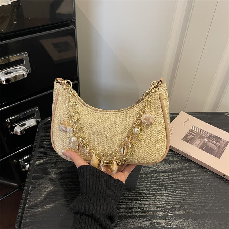 Woven Underarm Bag 2026 Spring New Fashion Shoulder Bag Handbag Beach Bag Straw Woven Women's Bag Chain Bag