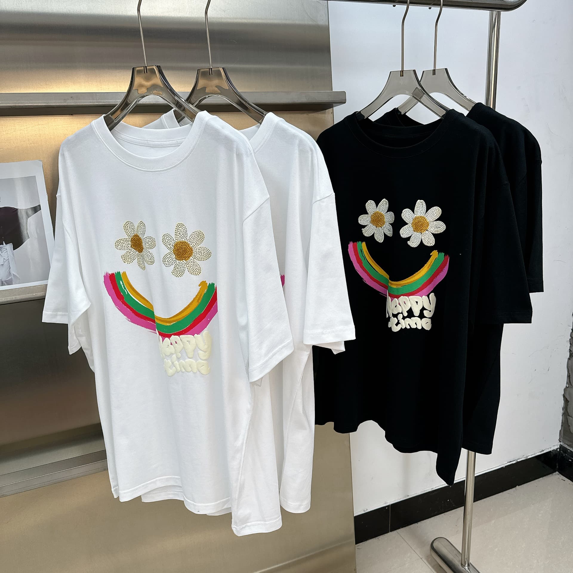 Heavy Rhinestone Sweet Girl Flower Rainbow Smiley Iron-On Design Short-Sleeve T-Shirt for Women Summer Loose Fit Top
