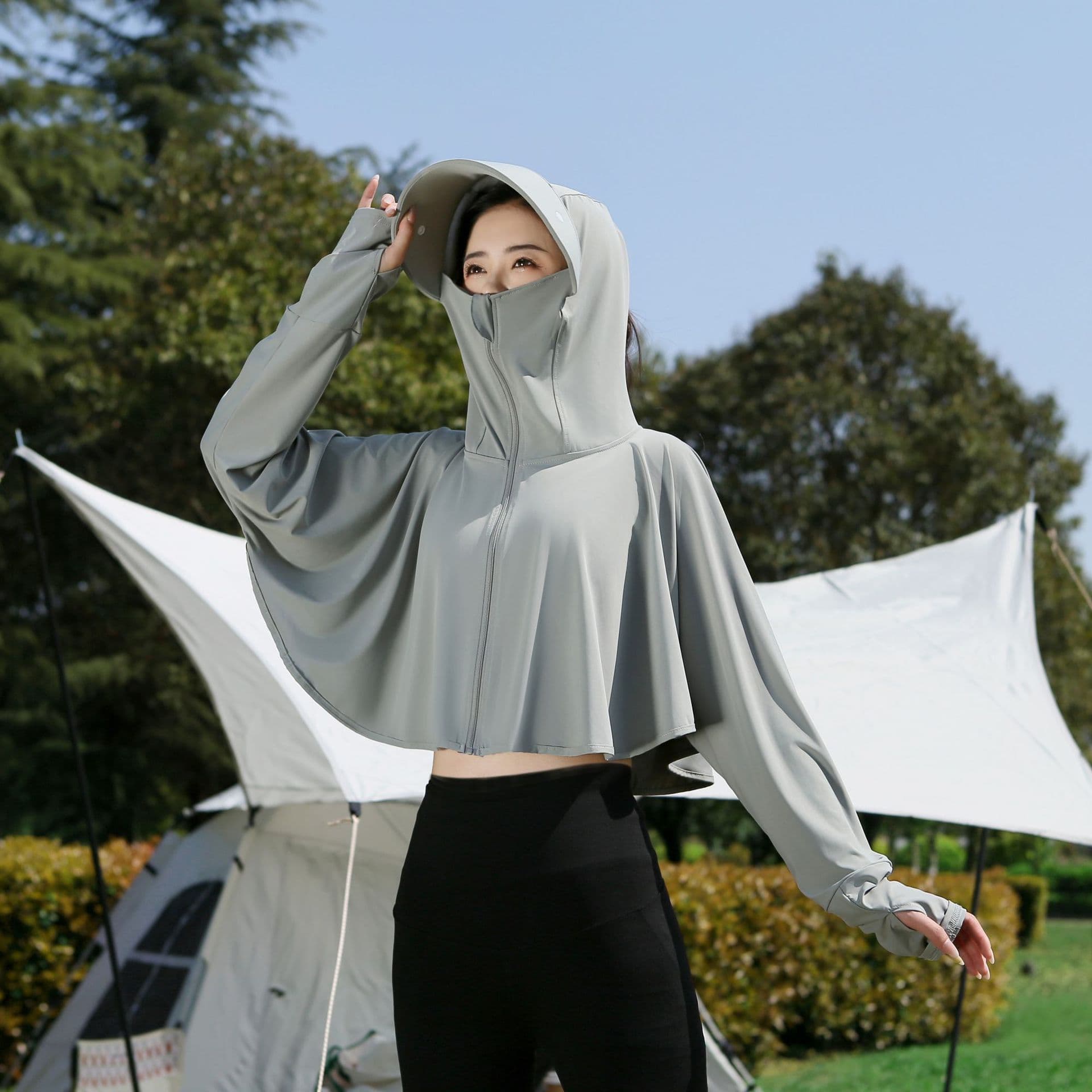 Thin Ice Silk UV Protection Hat Women's Bicycle Riding Clothes Short Length Polyester Fabric Fresh Style Zipper Closure Summer