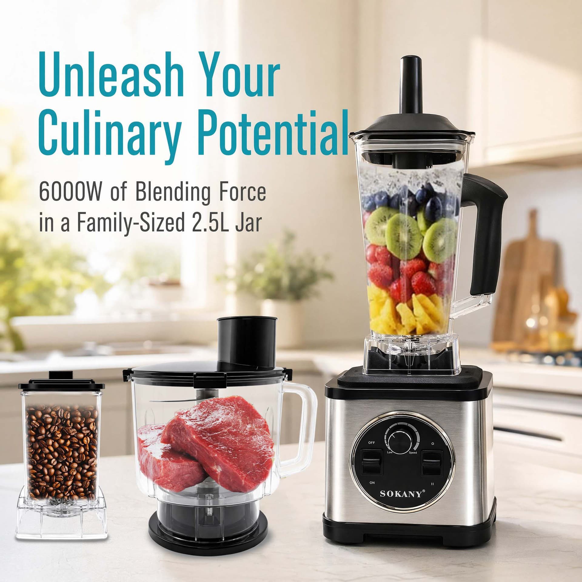 Cross-Border European Standard Household 3-in-1 High-Speed Blender 2.5L Meat Grinder, Bean Grinder, Ice Crusher, Food Processor, Juicer, Mixer