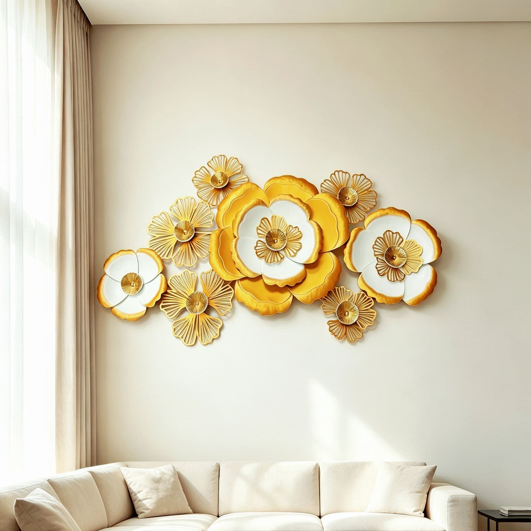 Modern European-style iron art wall decor for living room background wall, hallway metal wall sculpture, golden flower wall hanging