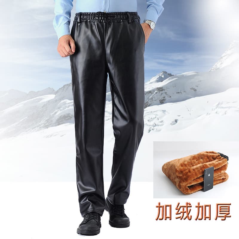 Men's Leather Pants, Loose Fit Casual Windproof Fleece-Lined Thickened Motorcycle Riding Work Pants for Middle-Aged and Elderly
