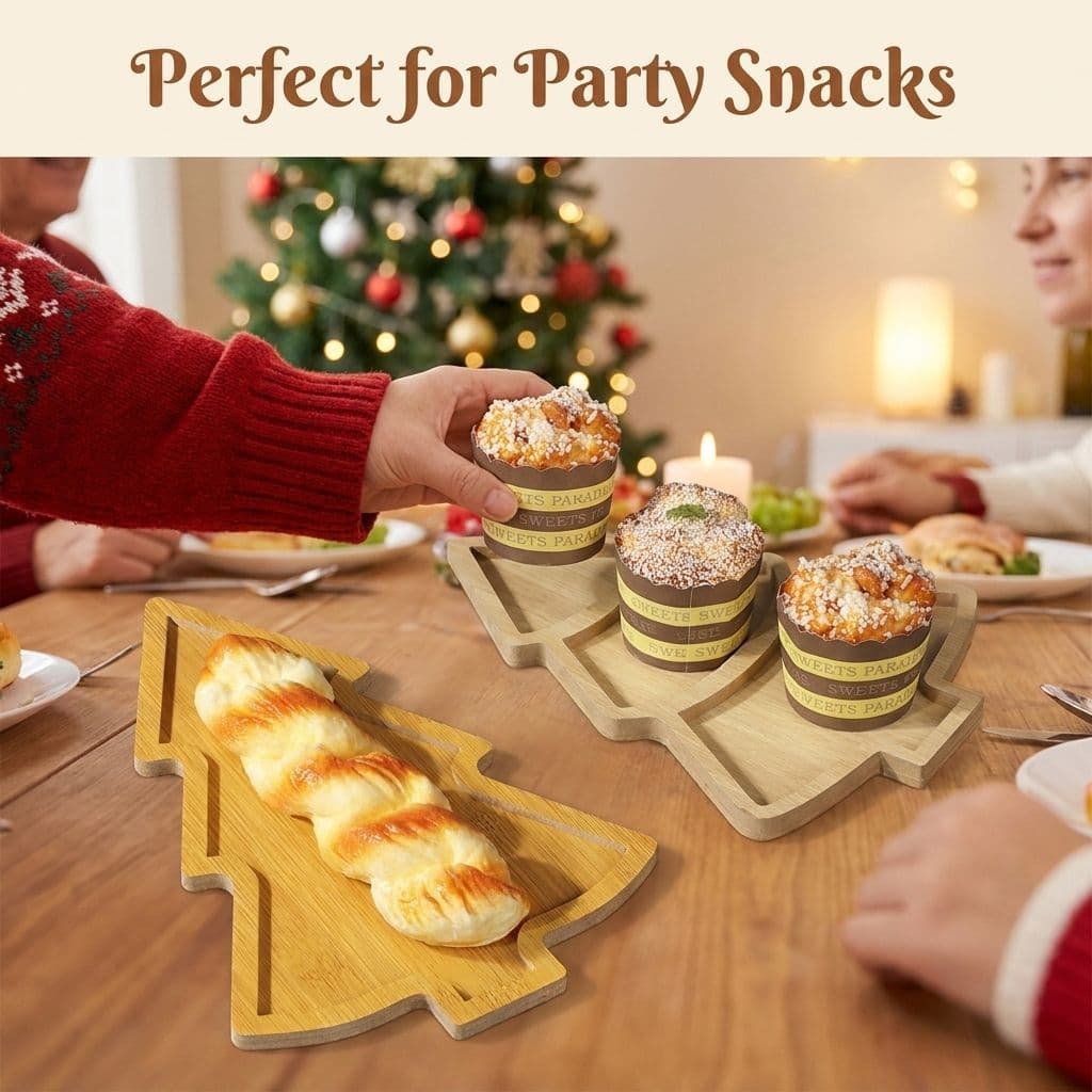 Christmas Bamboo Wooden Tray Holiday Tableware Dried Fruit Snack Multi-Compartment Wood Plate Home Fruit Serving Tray Restaurant Fast Food Plate