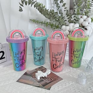 New Summer Rainbow Plastic Water Cup Wholesale, High Aesthetic Couple Plastic Straw Cup, Rainbow Ice Cup
