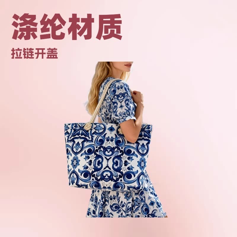 Blue and White Porcelain Large-Capacity Tote Bag, Cotton Rope Hand-Held Beach Bag, Vacation Style Shopping Bag, Export Hot-Selling Women's Bag, Tb Bag