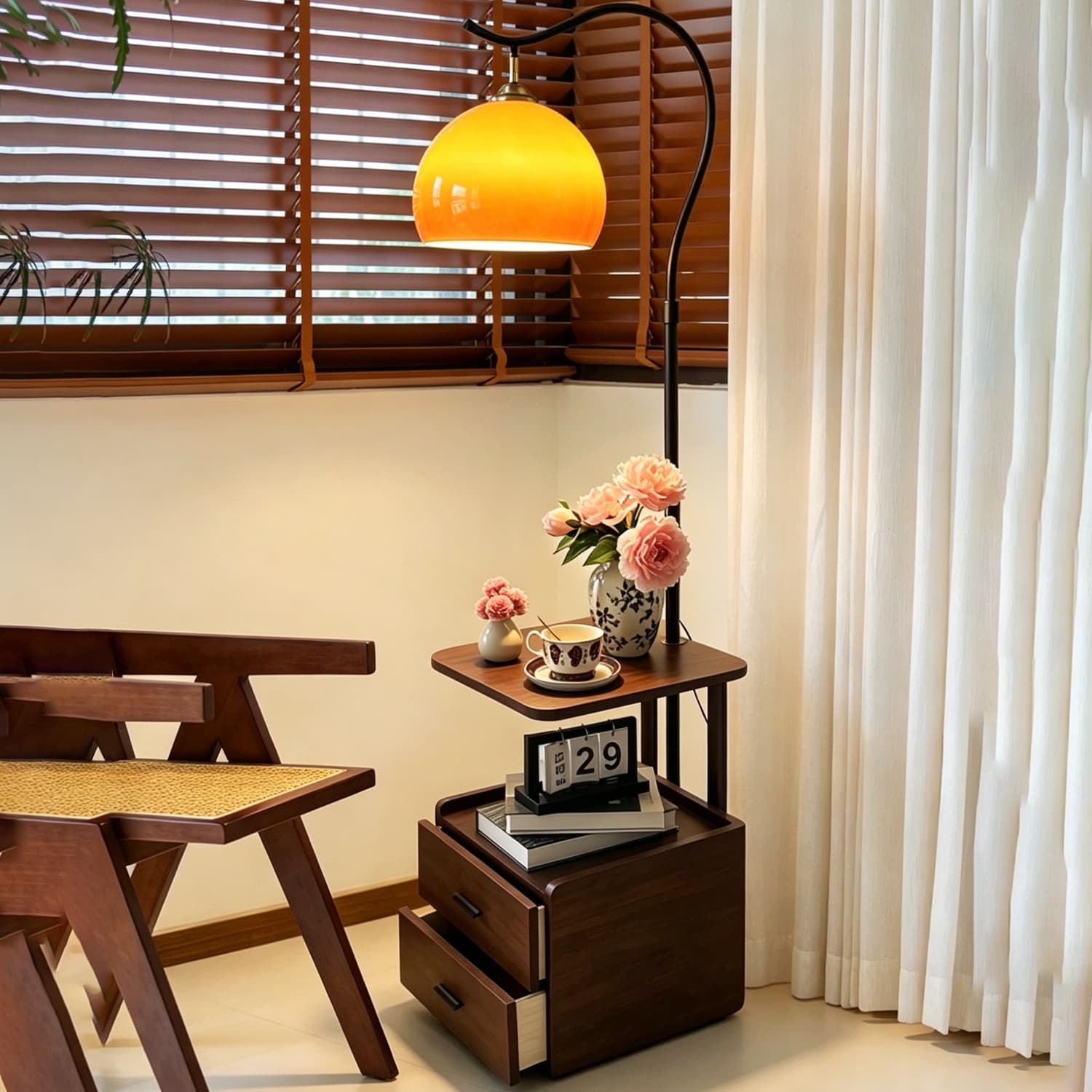 Solid Wood Cabinet Floor Lamp Nightstand 2-in-1 Mid-Century Modern Bedroom Living Room Sofa Side 2026 New Floor Light
