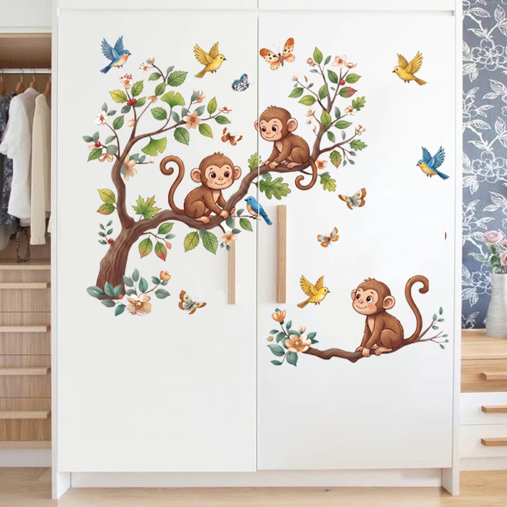Jungle Monkey Tree Wall Sticker Butterfly Bird Monkey Wall Sticker Children's Bedroom Baby Kindergarten Wall Decoration