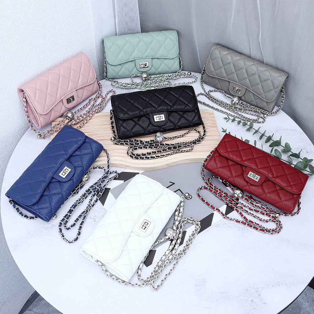 High-quality Calfskin Caviar Texture Chain Bag New Fashion Chanel-style Diamond Quilted Women's Long Wallet Clutch Small Bag