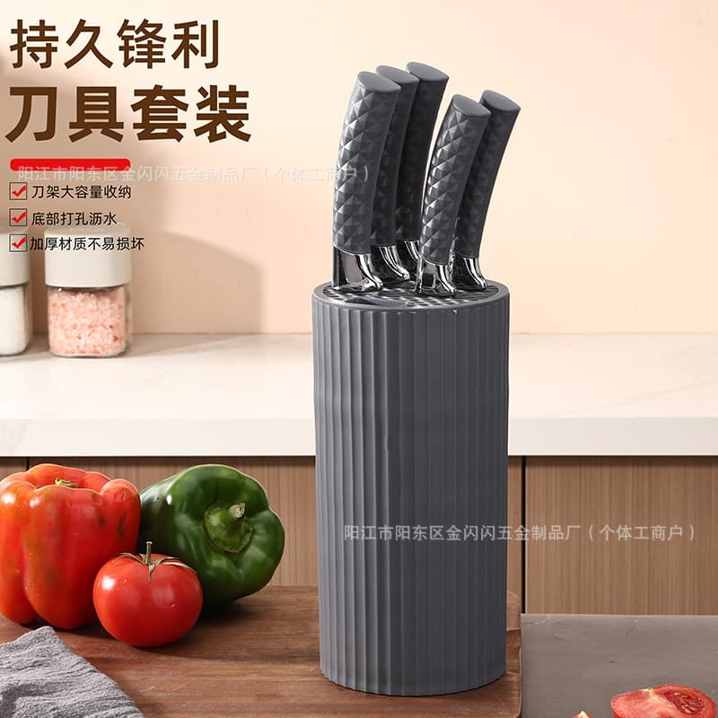 Stainless Steel Kitchen Knife Set 6-Piece Diamond Pattern Handle with Cylindrical Knife Block Home Kitchen Knife Set