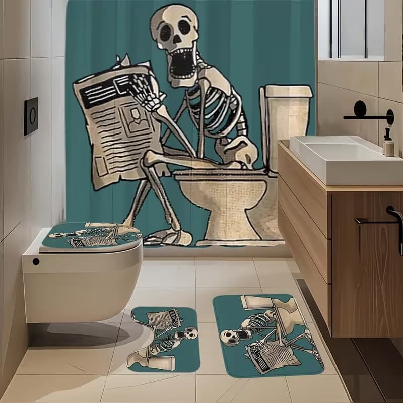 New Cross-Border Fun Skull Reading Newspaper Bathing Creative Printed Shower Curtain Bathroom Shower Atmosphere Decoration Set
