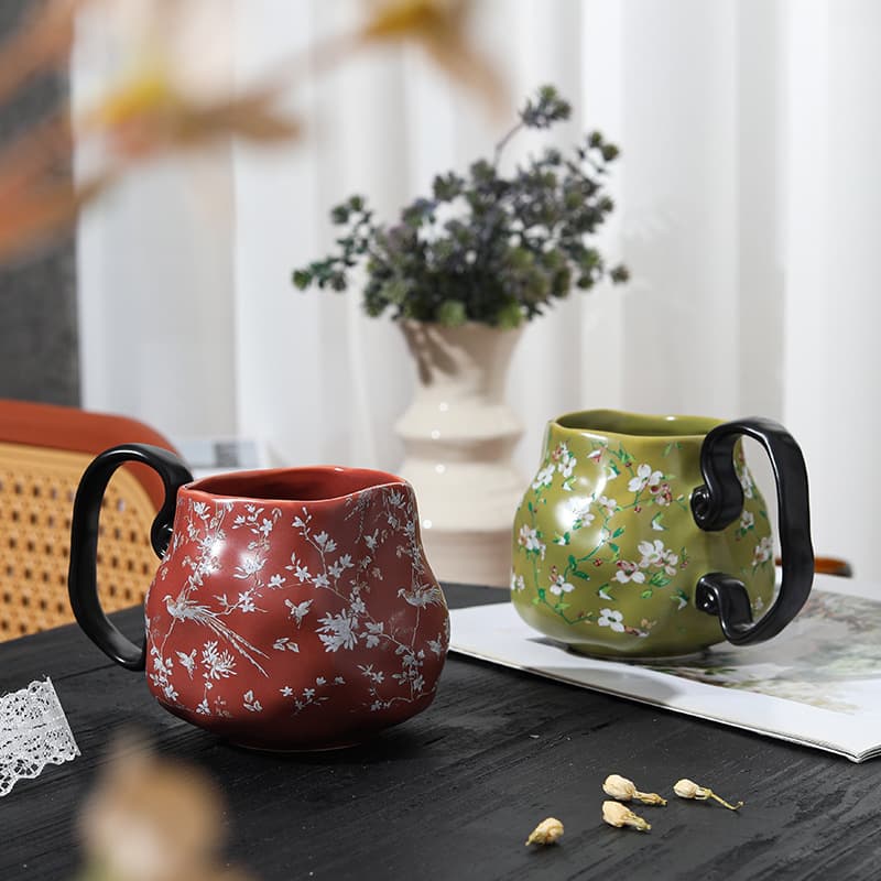 Retro camellia ceramic cup mug ins floral ceramic cup household water cup coffee cup ceramic