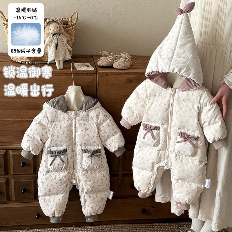 Girls' winter down romper, hooded baby bodysuit, 90% white duck down, stylish and warm, Category A