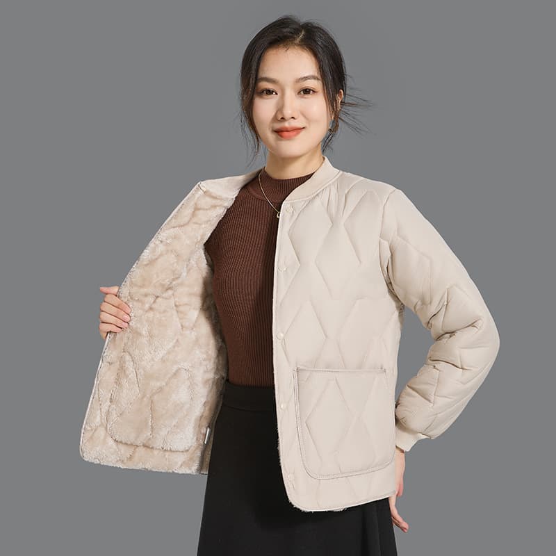 Women's Autumn/Winter Warm Long-Sleeve Cotton Lining Lightweight Cotton Jacket Unisex Fleece-Lined Ribbed Collar Coat