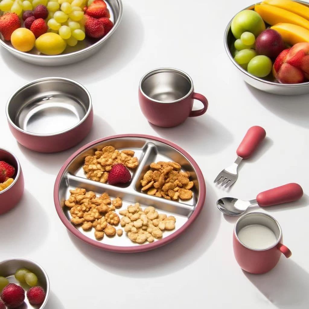 Silicone Baby Feeding Set 304 Stainless Steel Bottom Absorption Baby Food Plate Bowl Fork Spoon Cutlery Set for Infants And Todd