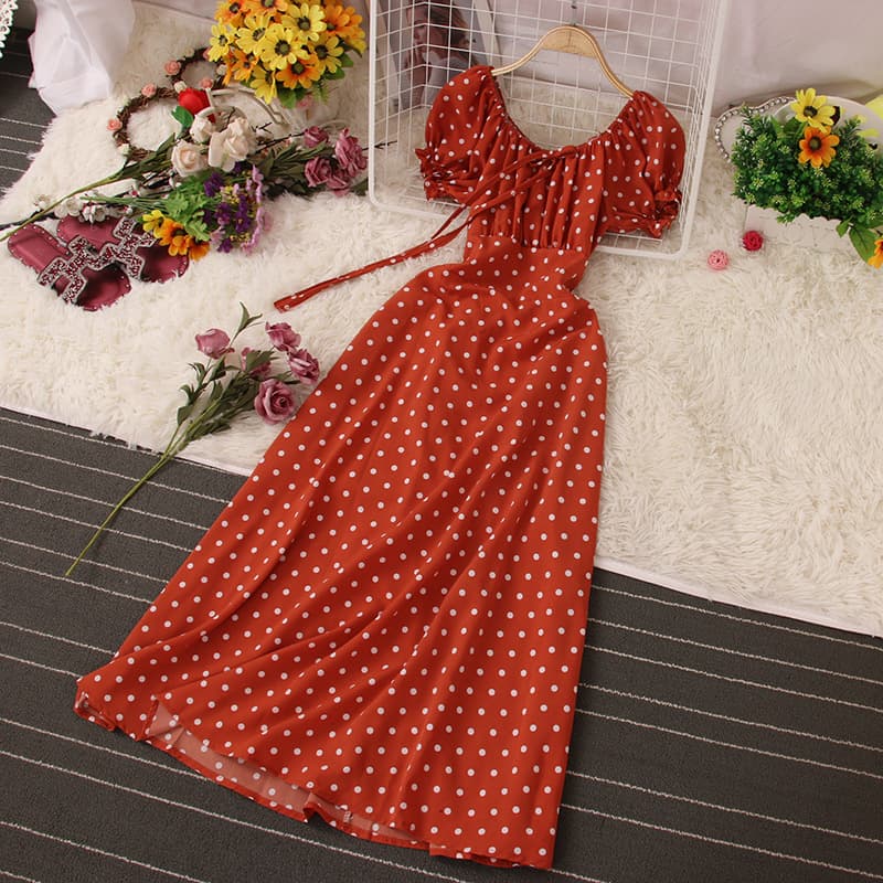 Shisanhang New French Style Dress 2021 Summer Sweet Polka Dot Puff Sleeve Age-Defying Slim Fit Midi Length Vacation One-Shoulder