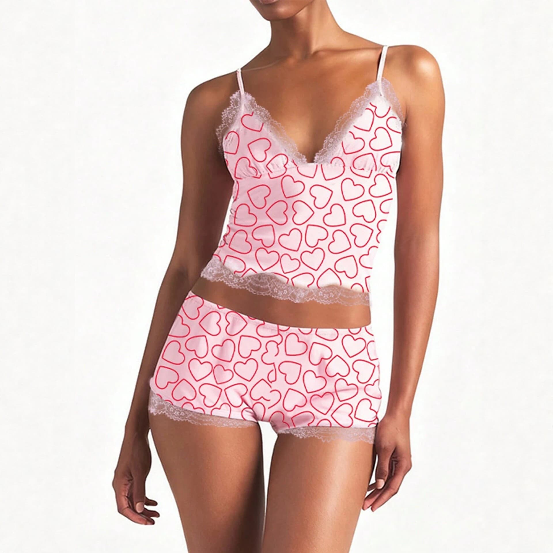 2026 New European and American Trendy Pure and Seductive Style Pajamas Pink Heart Print Lace Trim Camisole and Shorts Two-Piece Set