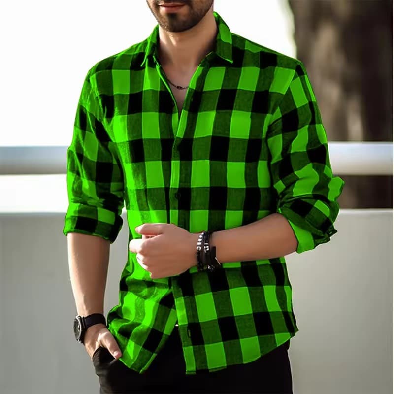 2025 Plaid Print Men's Shirt Fashion 3D Men's Long Sleeve Button Lapel Shirt Street Loose Casual Shirt