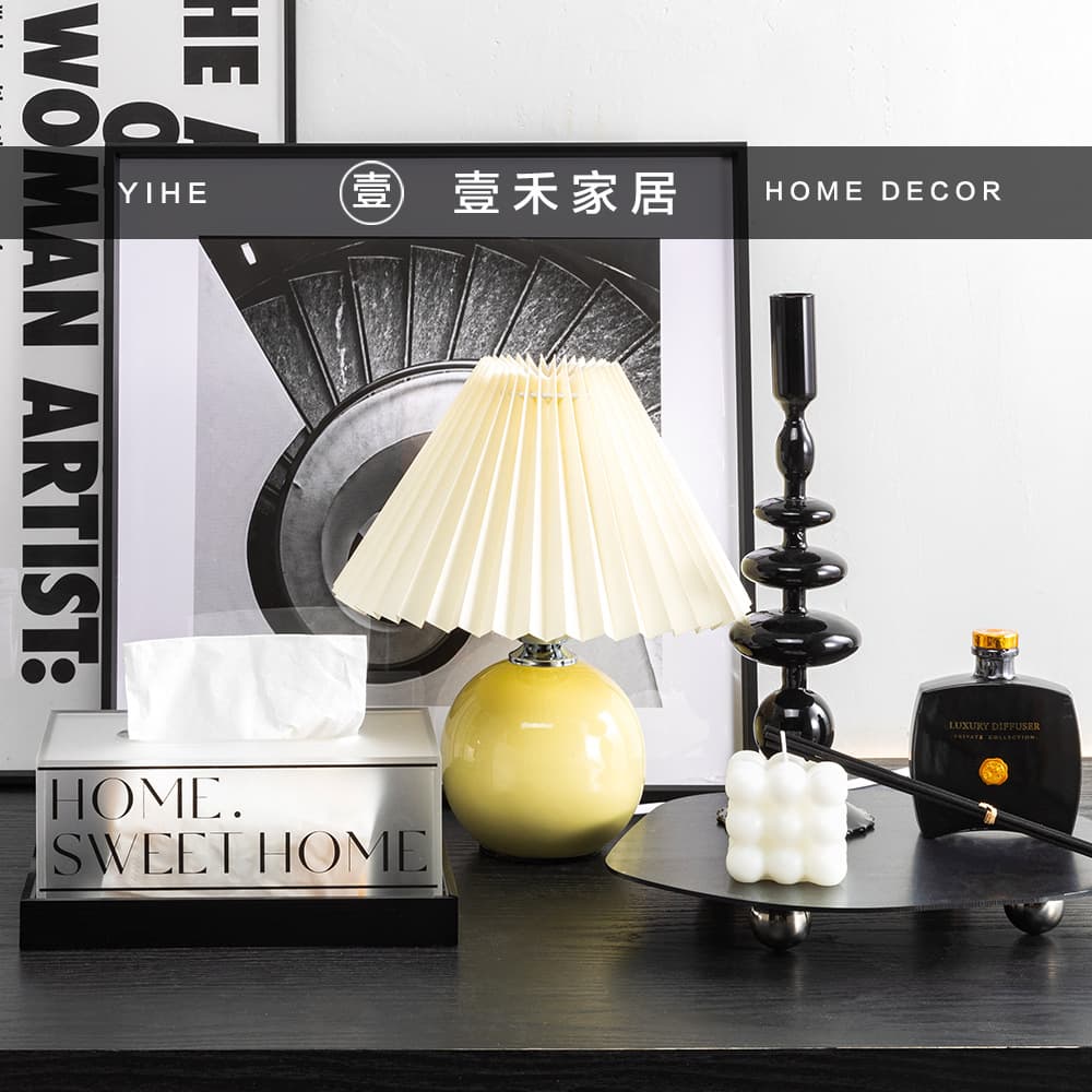 Nordic style light luxury model room living room entrance soft decoration combination ornaments paper fan lamp candlestick creative tissue box