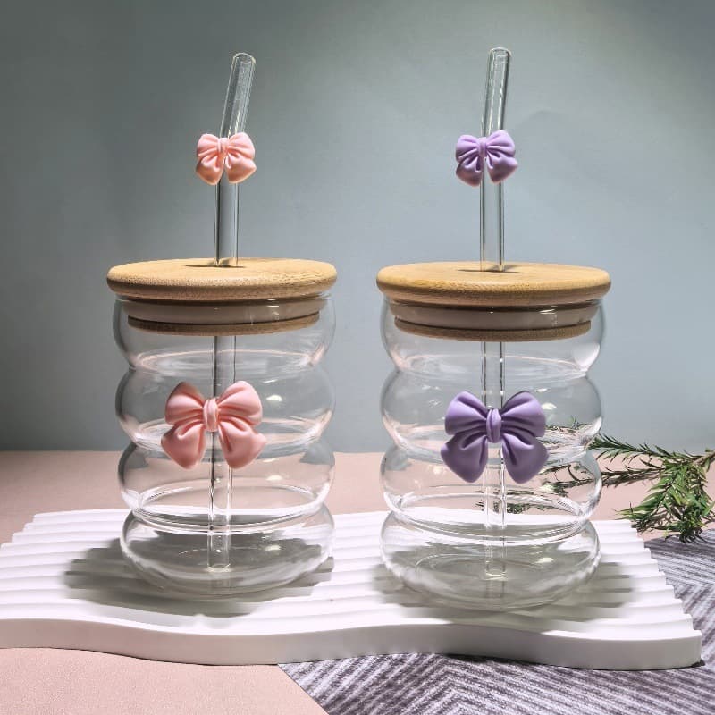 Cute glass creative straw cup for girls at home with bamboo lid juice drink milk tea cup fresh girly style